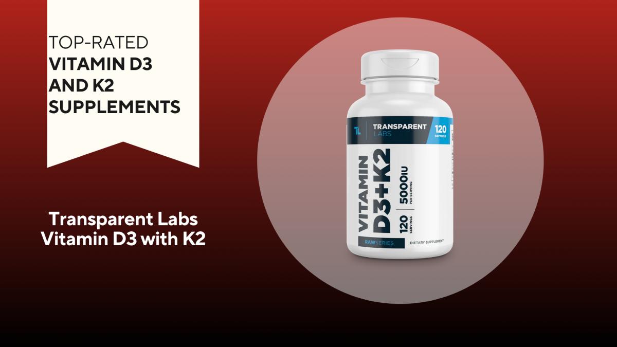 A bottle of Transparent Labs Vitamin K2 with D3 is pictured against a red background